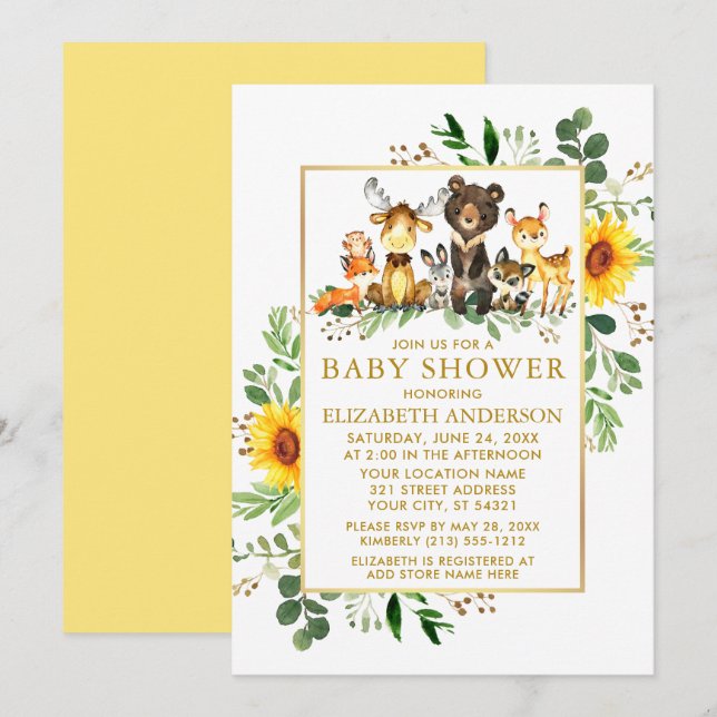 Invitación Woodland Animals Sunflowers Gold Baby Shower (Anverso / Reverso)