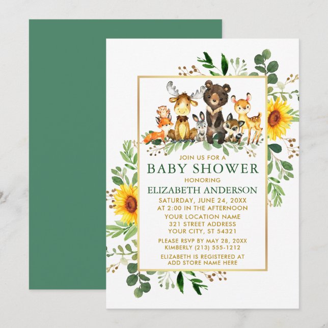 Invitación Woodland Animals Sunflowers Green Gold Baby Shower (Anverso / Reverso)