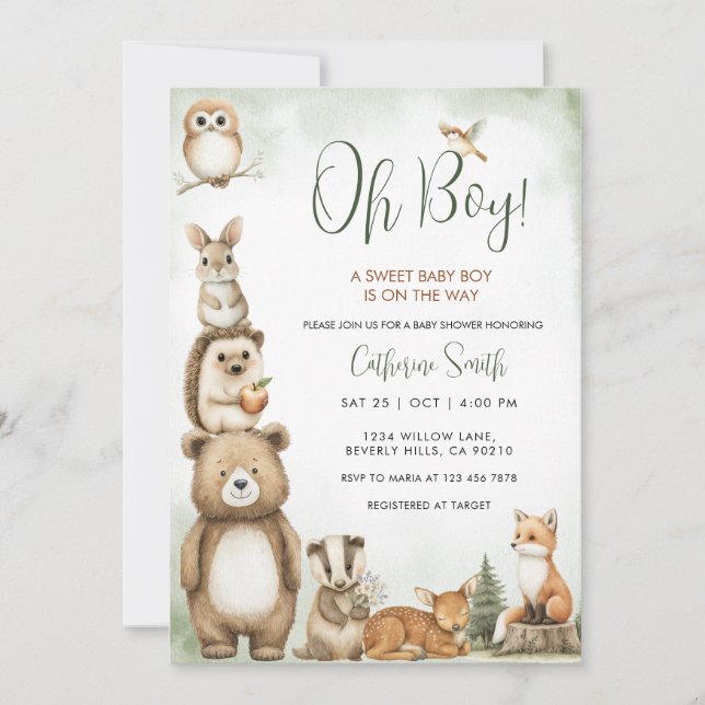 Invitación  Woodland Animals Sweet Baby Boy Baby Shower (Anverso)