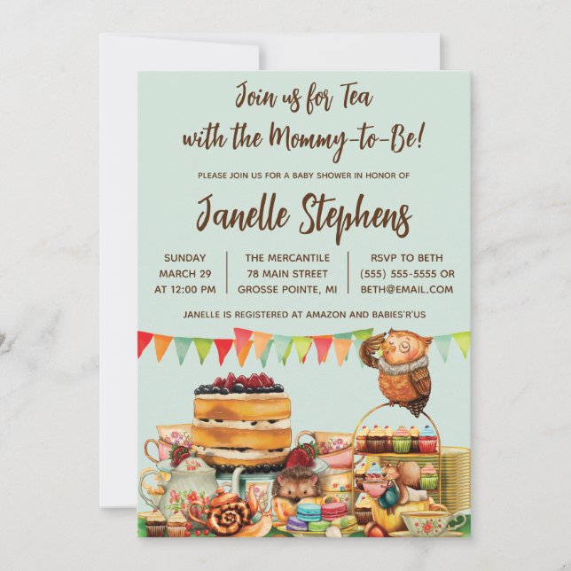 Invitación Woodland Animals Tea Fiesta Baby Shower (Anverso)