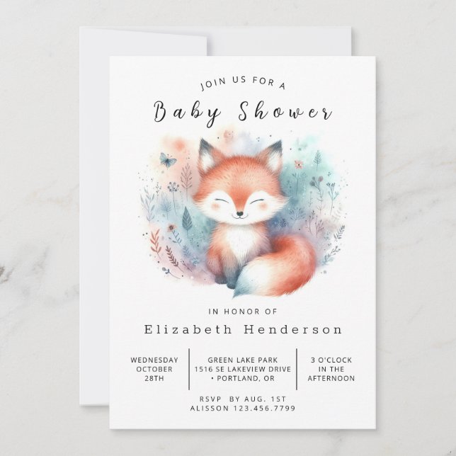 Invitación Woodland Animals Theme Fox Baby Shower (Anverso)