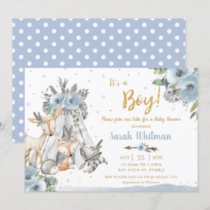 Invitación Woodland Animals Tribal Blue Gold Boy Baby Shower