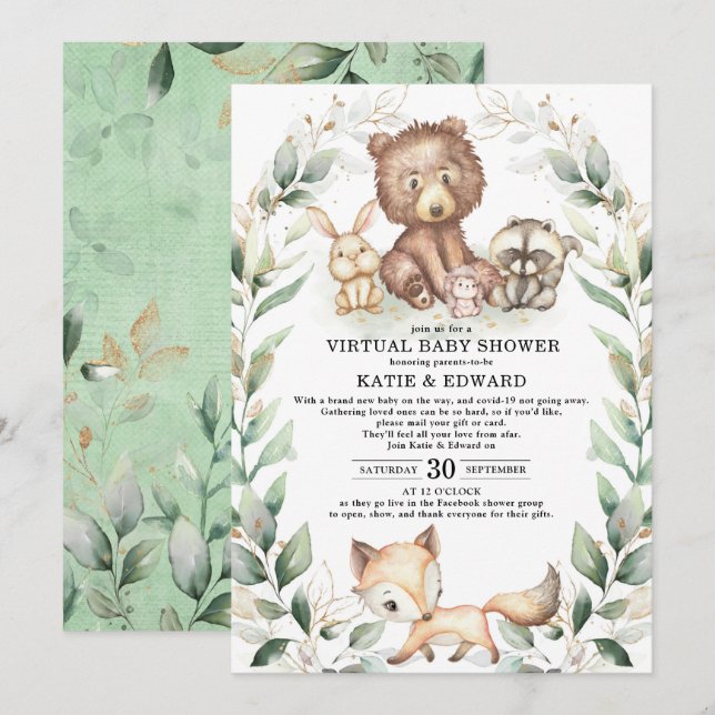 Invitación Woodland Animals Virtual Baby Shower Greenery Gold (Anverso / Reverso)