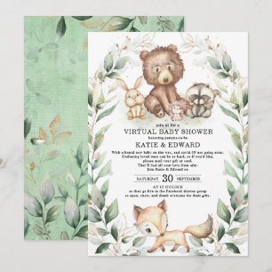 Invitación Woodland Animals Virtual Baby Shower Greenery Gold
