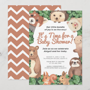 Invitación Woodland Animals/w oso y sloth Brown Baby Shower