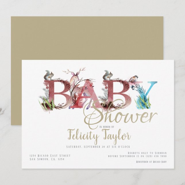 Invitación Woodland Animals Watercolor Baby Shower (Anverso / Reverso)
