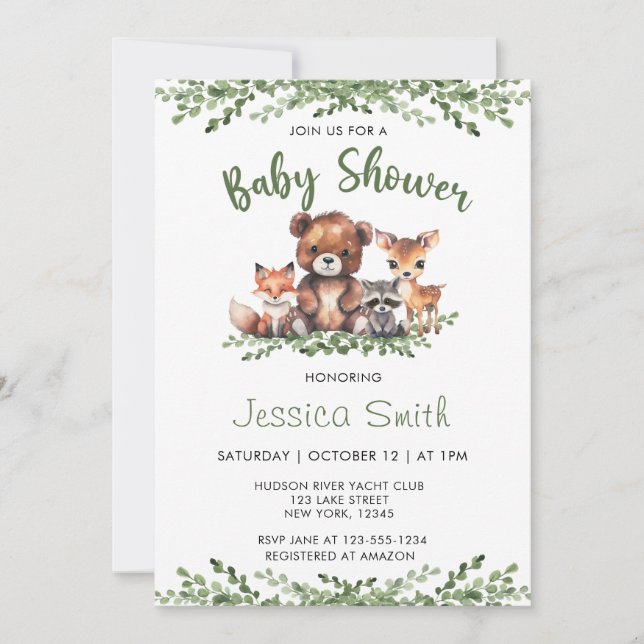 INVITACIÓN WOODLAND ANIMALS WATERCOLOR BABY SHOWER (Anverso)