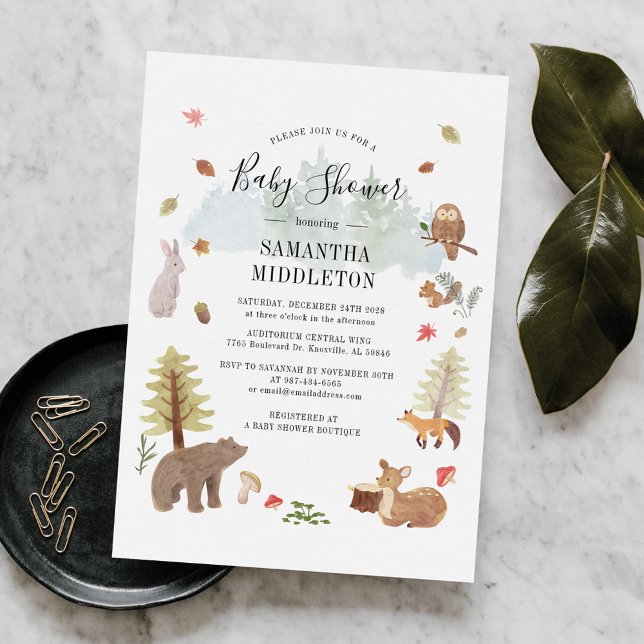 Invitación Woodland Animals Watercolor Boys Baby Shower (Woodland Animals Rustic Fall Baby Shower Invitation)