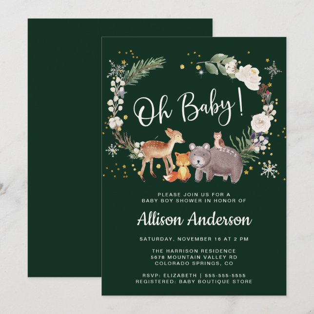 Invitación Woodland Animals Watercolor Winter Baby Shower (Anverso / Reverso)