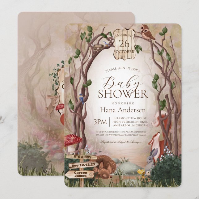 Invitación Woodland Animals Whimsical Forest Baby Shower (Anverso / Reverso)