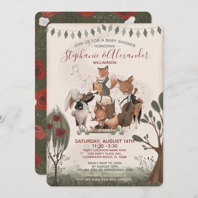 Invitación Woodland Animals Whimsical Watercolor Baby Shower (Anverso / Reverso)