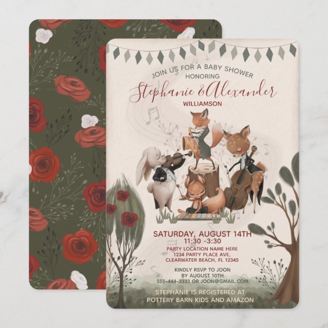 Invitación Woodland Animals Whimsical Watercolor Baby Shower (Anverso / Reverso)