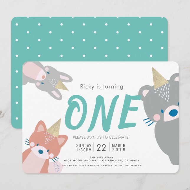 Invitación Woodland Animals White Verde azulado Boy Primer cu (Anverso / Reverso)