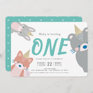 Invitación Woodland Animals White Verde azulado Boy Primer cu