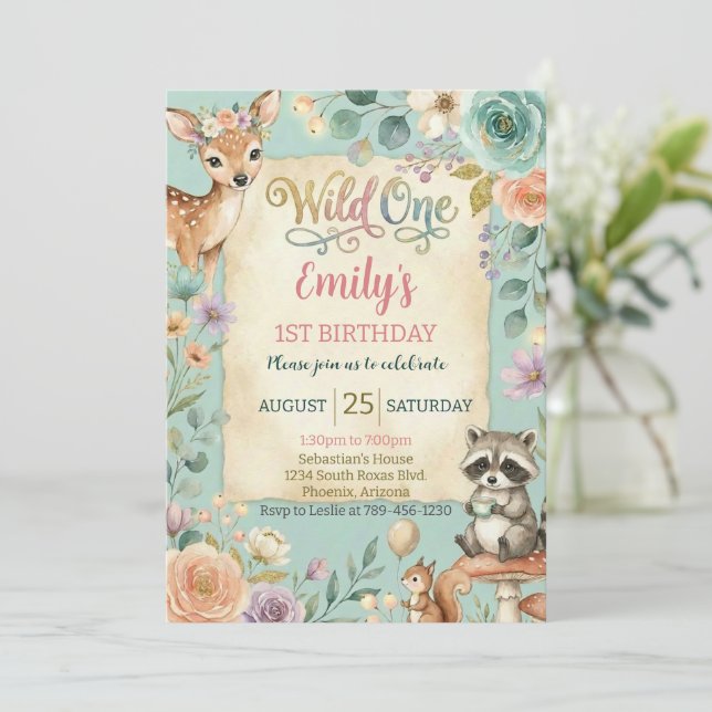 Invitación Woodland Animals Wild One Birthday Invitation (Anverso de pie)