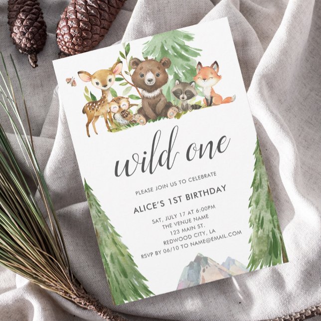 Invitación Woodland Animals Wild One Calligraphy 1er cumpleañ (Subido por el creador)