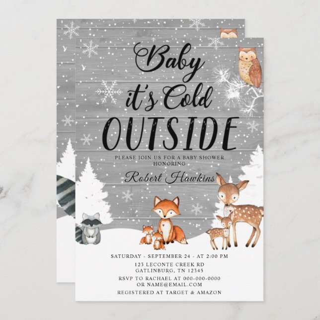 Invitación Woodland Animals Winter Baby Shower (Anverso / Reverso)