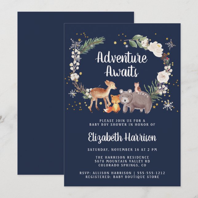 Invitación Woodland Animals Winter Blue Baby Shower (Anverso / Reverso)