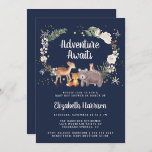 Invitación Woodland Animals Winter Blue Baby Shower