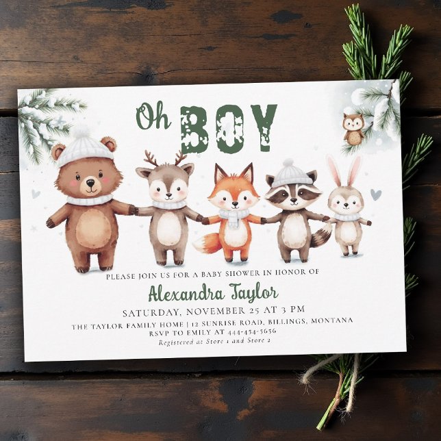 Invitación Woodland Animals Winter Green Oh Boy Baby Shower (winter baby shower invitation oh boy woodland animals cute characters watercolor snow greenery)