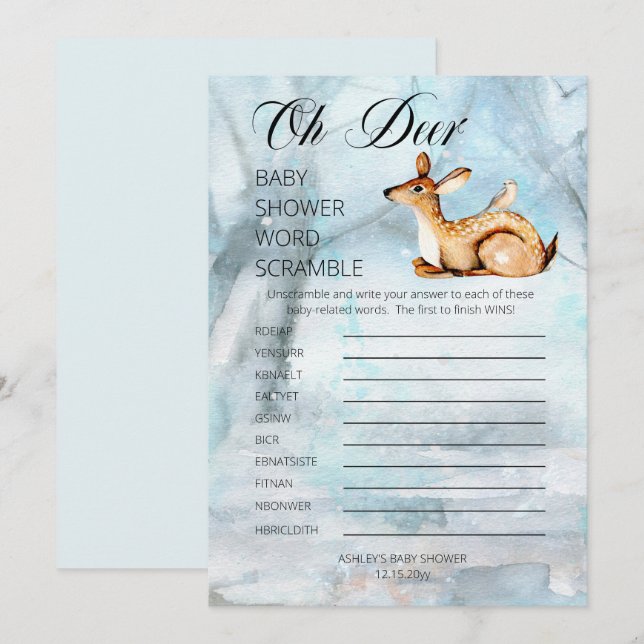 Invitación Woodland Animals Winter Word Scramble (Anverso / Reverso)