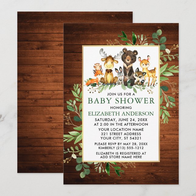 Invitación Woodland Animals Wood Greenery Baby Shower (Anverso / Reverso)