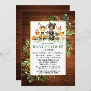 Invitación Woodland Animals Wood Greenery Baby Shower