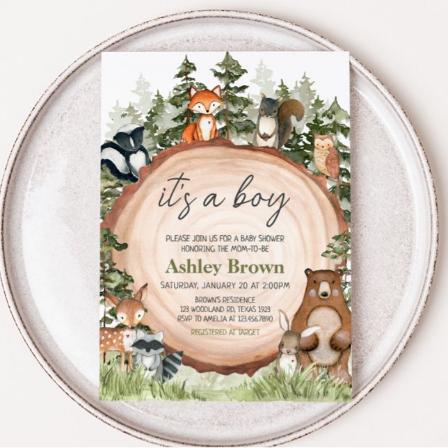Invitación Woodland Animals Wood Slice Baby Shower (Boy Woodland Animals Baby Shower Invitation)