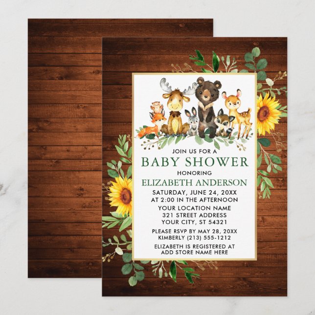 Invitación Woodland Animals Wood Sunflowers Baby Shower (Anverso / Reverso)