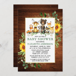 Invitación Woodland Animals Wood Sunflowers Baby Shower