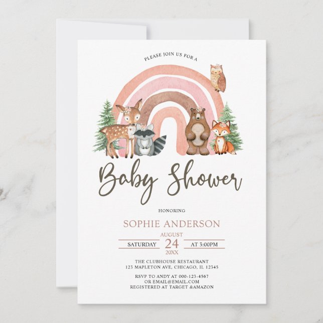 Invitación Woodland Animals y Boho Rainbow Baby Shower (Anverso)