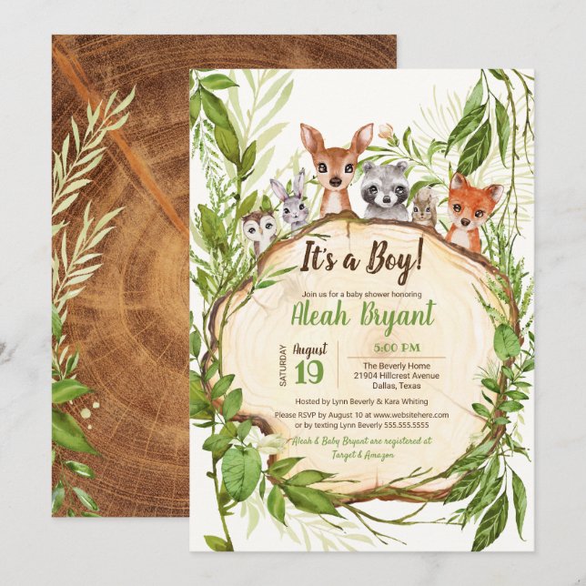 Invitación Woodland Baby Animals Forest Boy Baby Shower (Anverso / Reverso)