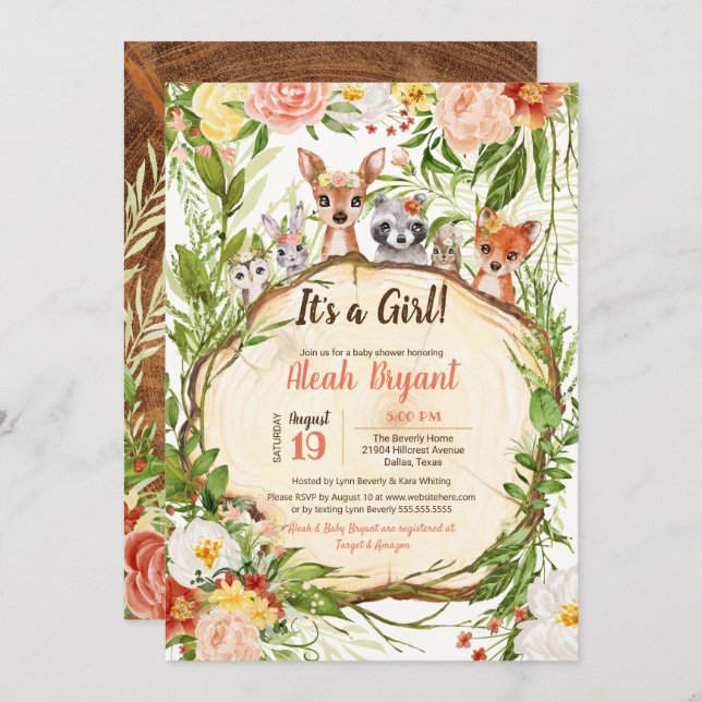 Invitación Woodland Baby Animals Forest Chica Baby Shower (Anverso / Reverso)