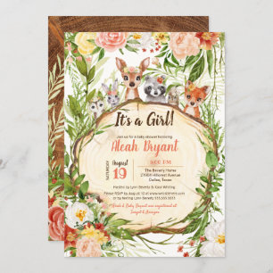 Invitación Woodland Baby Animals Forest Chica Baby Shower