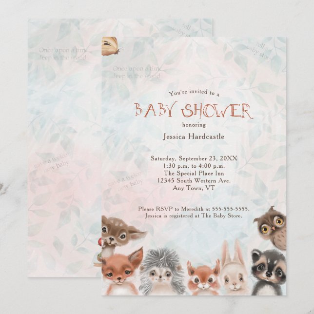 Invitación Woodland Baby Animals Whimsical (Anverso / Reverso)