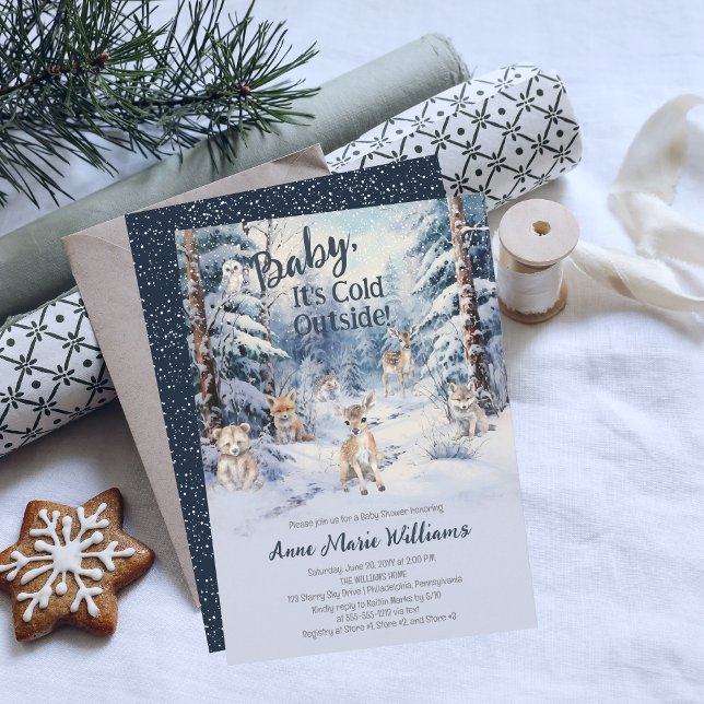 Invitación Woodland Baby Animals Winter Boy Baby Shower (Blue Rustic Woodland Animals Baby It's Cold Outside Boy Baby Shower Invitation)