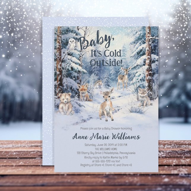 Invitación Woodland Baby Animals Winter Boy Baby Shower (Blue Rustic Woodland Animals Baby It's Cold Outside Boy Baby Shower Invitation)