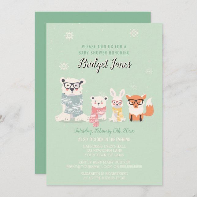 Invitación Woodland Baby Animals Winter Forest Baby Shower (Anverso / Reverso)