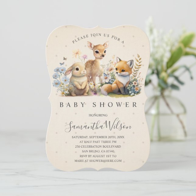 Invitación Woodland Baby Fox Deer Bunny Easter Baby Shower In (Anverso de pie)
