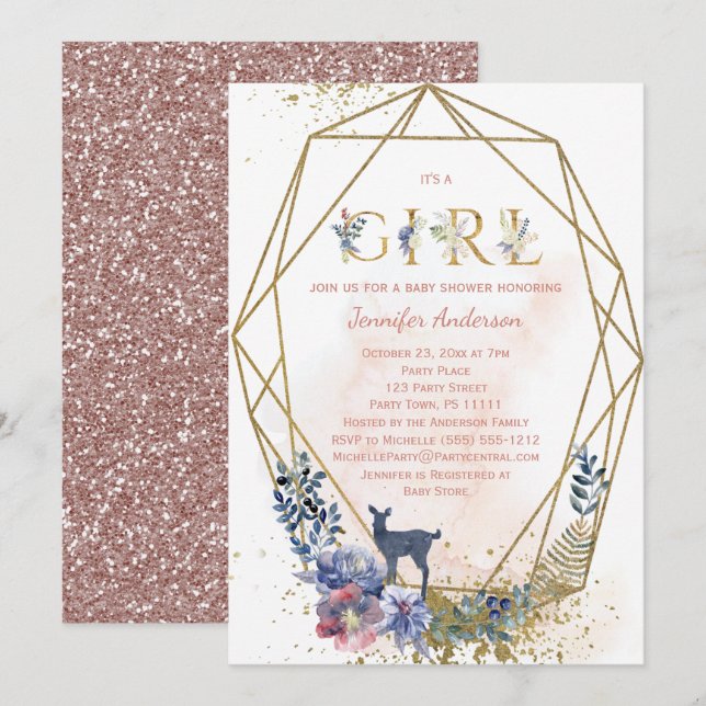 Invitación Woodland Baby Girl Shower (Anverso / Reverso)