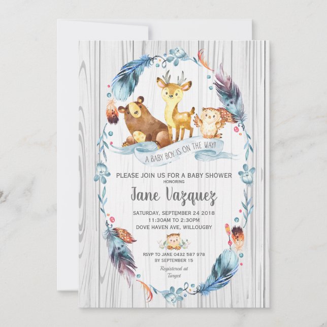 Invitación Woodland Baby Shower Boy Boho Forest Animals (Anverso)