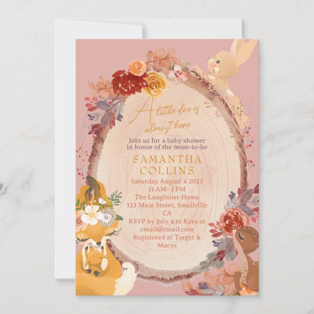Invitación Woodland Baby Shower, Chica de Pequeños Deer (Anverso)