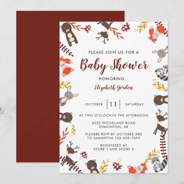 Invitación Woodland Baby Shower Cute animales forestales neut (Anverso / Reverso)