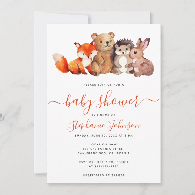 Invitación Woodland Baby Shower Cute Watercolor Animales (Anverso)