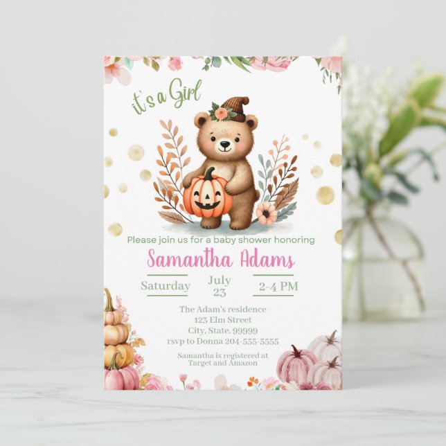 Invitación Woodland Baby Shower Fall Pumpkin Chica (Anverso de pie)
