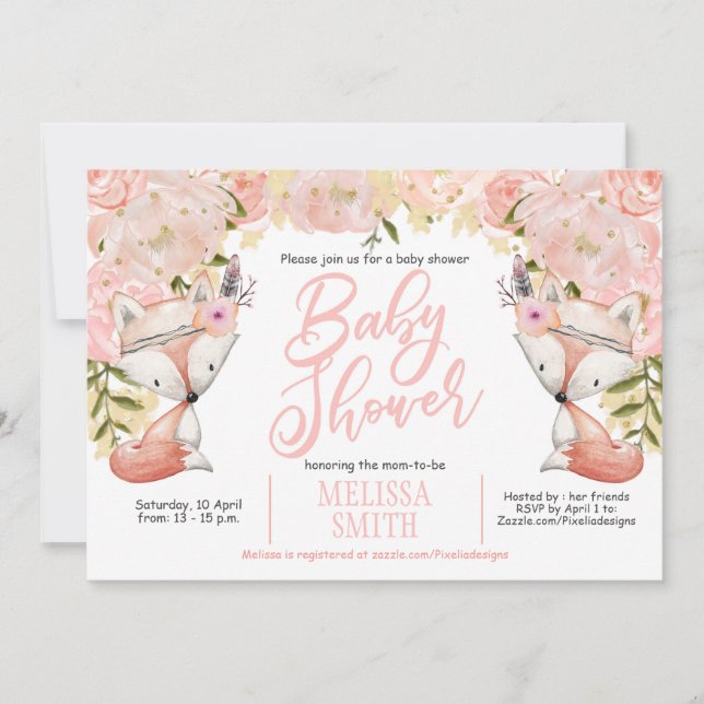 Invitación Woodland Baby Shower, Floral, Fox, Baby Shower (Anverso)