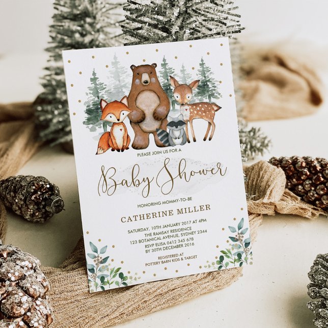 Invitación Woodland Baby Shower Forest Animals Greenery Gold (Subido por el creador)