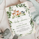 Invitación Woodland Baby Shower Greenery Forest Animal<br><div class="desc">Esta invitación incluye bonitos animales de bosque con vegetación floral y acentos de Relieve metalizado dorado.</div>