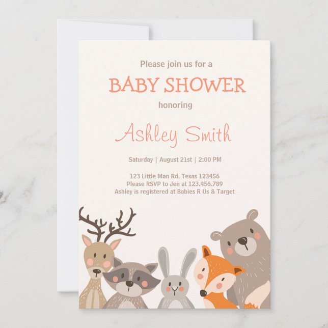 Invitación Woodland Baby Shower invita a Animals Forest (Anverso)