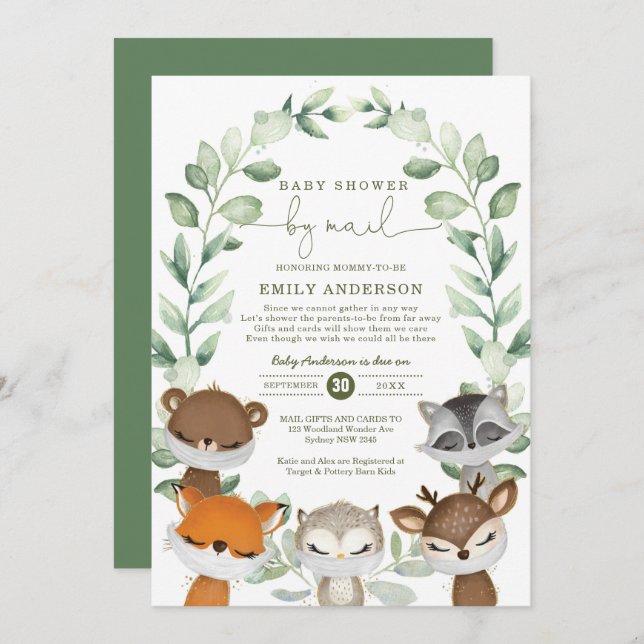 Invitación Woodland Baby Shower por correo Greenery Quarantin (Anverso / Reverso)